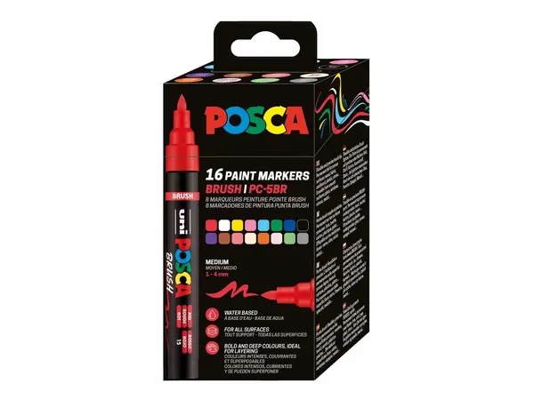 Sada Posca popisovačů PC-5BR se štětcovým hrotem - 16 akrylových popisovačů