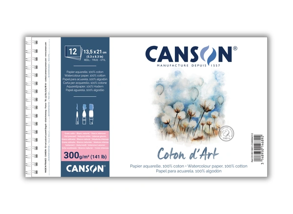 Bavlněný akvarelový skicák Canson Coton d’Art, v kroužkové vazbě - 13,5 x 21 cm, Hot Pressed, 300 g/m²