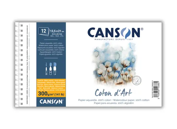 Bavlněný akvarelový skicák Canson Coton d’Art, v kroužkové vazbě - 13,5 x 21 cm, Cold Pressed, 300 g/m²