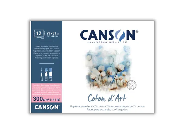 Bavlněný akvarelový skicák Canson Coton d’Art, lepený - 23 x 31 cm, Hot Pressed, 300 g/m²