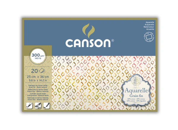 Skicák Canson® Aquarelle, lepený po 4 stranách - 25 x 36 cm, 20 stran, Cold Pressed, 300 g/m²
